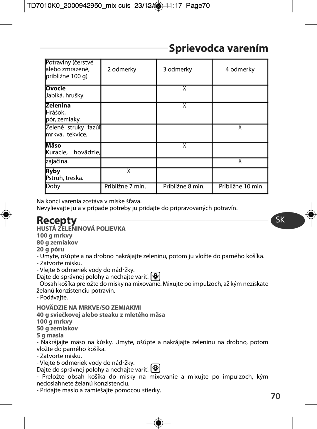 Tefal TD7010Q0 manual Sprievodca varením, TD7010K02000942950mix cuis 23/12/11 1117 Page70, Mäso 