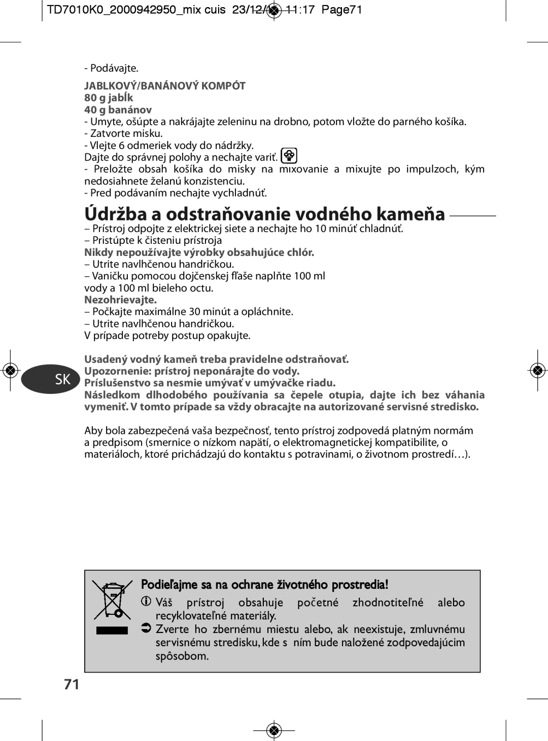 Tefal TD7010Q0 manual Údržba a odstraňovanie vodného kameňa, TD7010K02000942950mix cuis 23/12/11 1117 Page71 