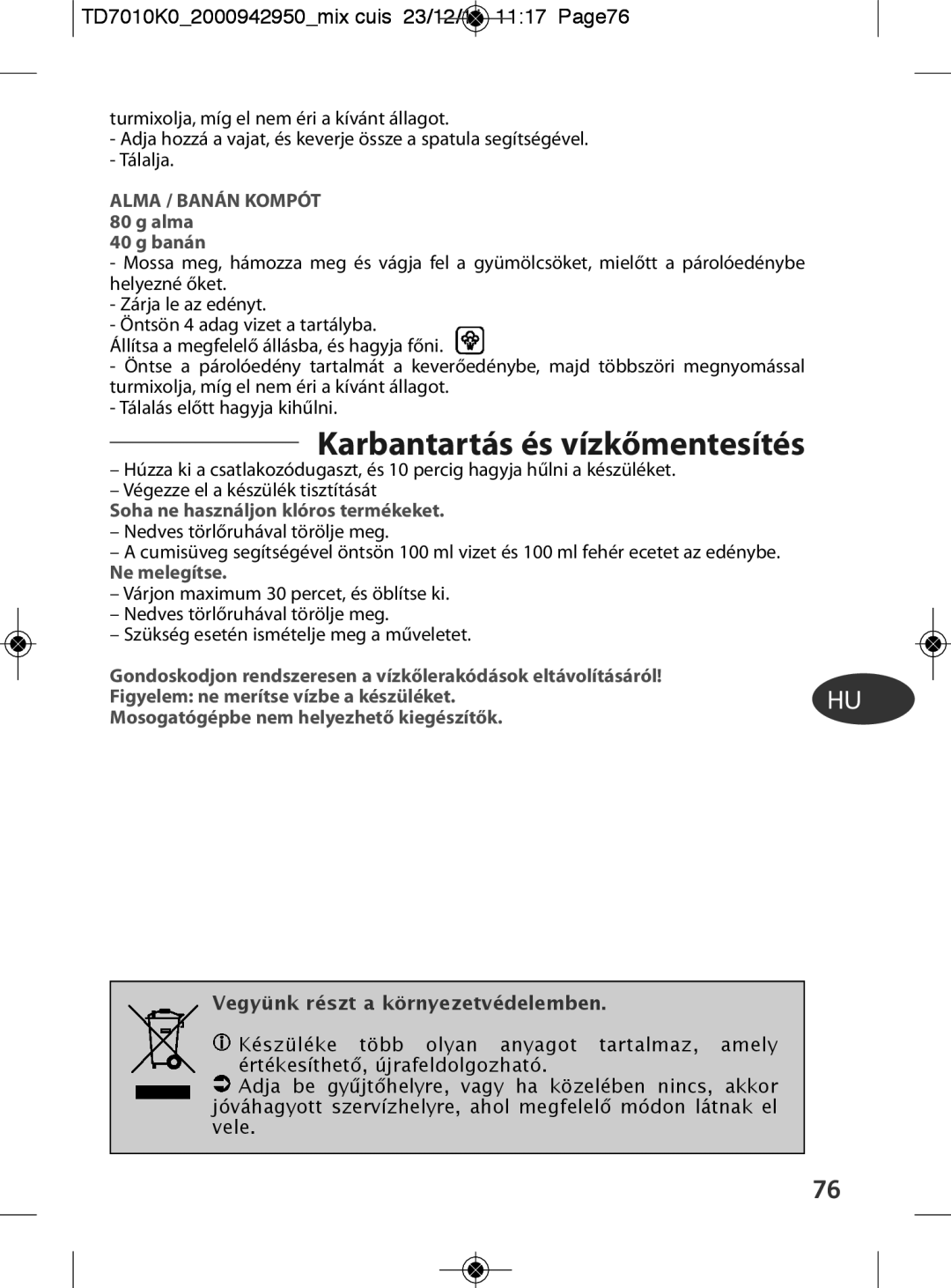 Tefal Karbantartás és vízkőmentesítés, TD7010K02000942950mix cuis 23/12/11 1117 Page76, Alma / Banán Kompót 80 g alma 