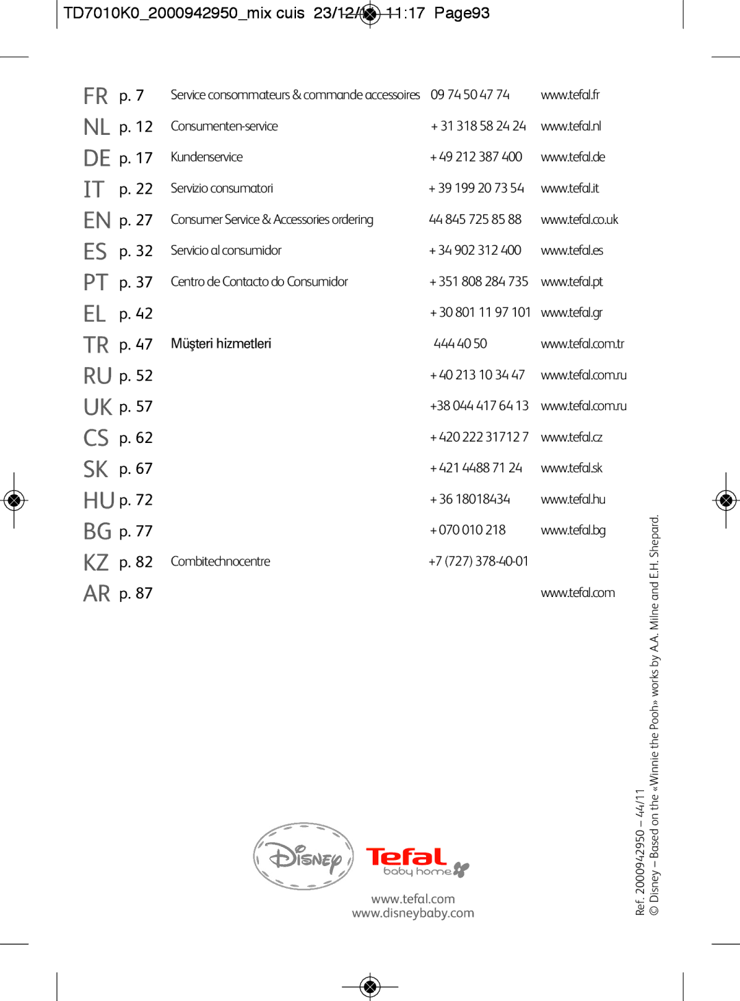 Tefal TD7010Q0 manual TD7010K02000942950mix cuis 23/12/11 1117 Page93 