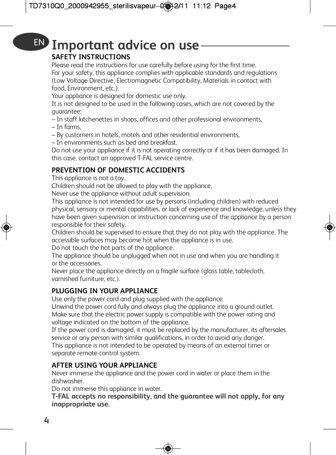 Tefal TD7310Q0 Important advice on use, Safety Instructions, Prevention of Domestic Accidents, Plugging in Your Appliance 