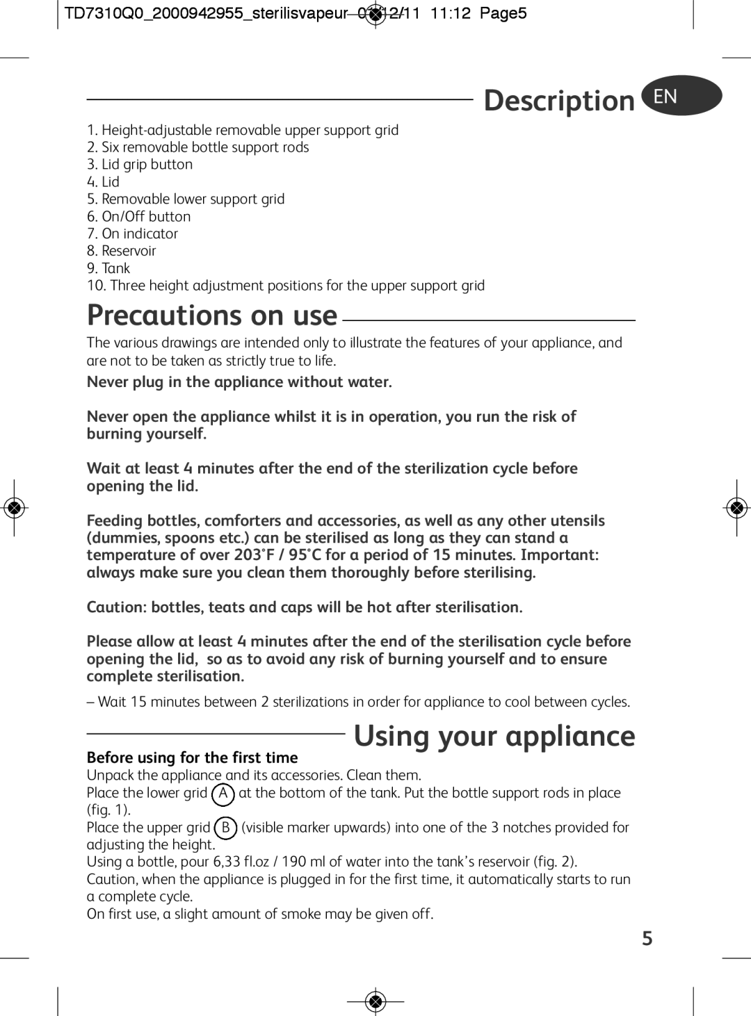 Tefal TD7310K0 Description, Precautions on use, Using your appliance, TD7310Q02000942955sterilisvapeur 01/12/11 1112 Page5 