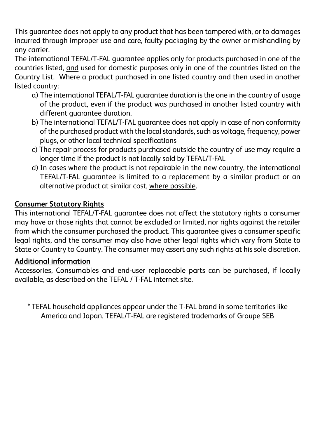 Tefal TF561EAU manual Consumer Statutory Rights 