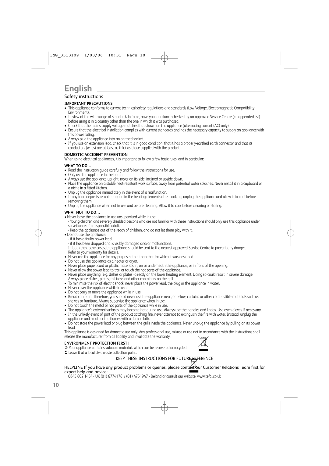 Tefal TF801070, TF801032, TF801016 English, Safety instructions, Never leave the appliance in use unsupervised while in use 