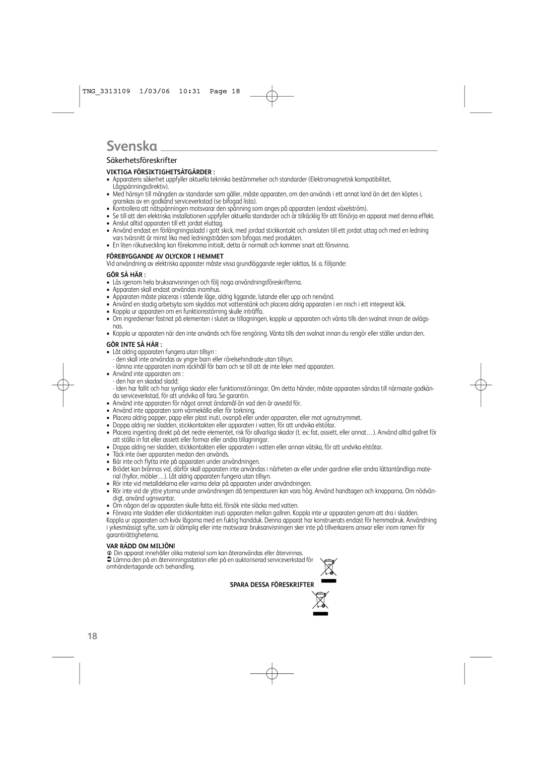 Tefal TF801032, TF801016, TF801030, TF801031, TF801070, TF801015 manual Svenska, Säkerhetsföreskrifter 