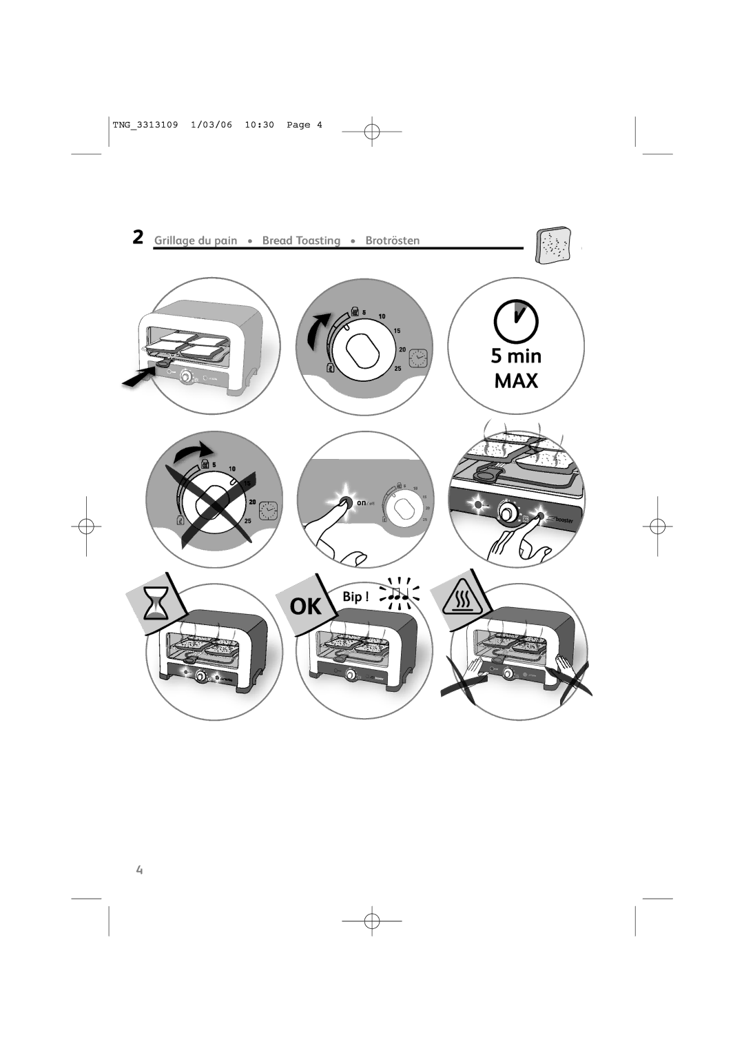 Tefal TF801070, TF801032, TF801016, TF801030, TF801031, TF801015 manual Grillage du pain Bread Toasting Brotrösten 