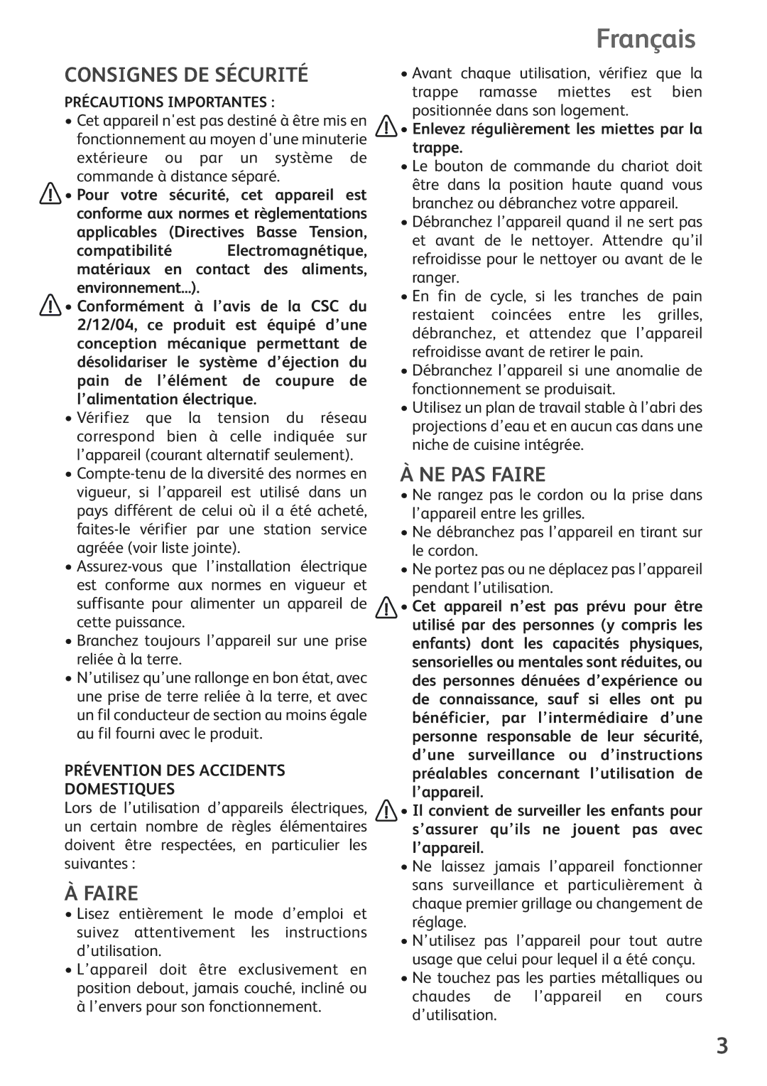 Tefal TL180030 manual Français, Consignes DE Sécurité, NE PAS Faire, Prévention DES Accidents Domestiques 