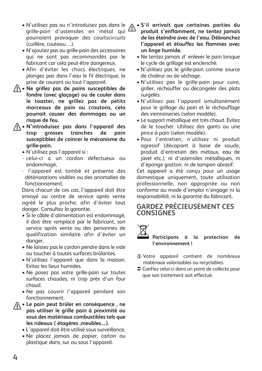 Tefal TL180030 manual Gardez Précieusement CES Consignes, Participons à la protection de l’environnement 