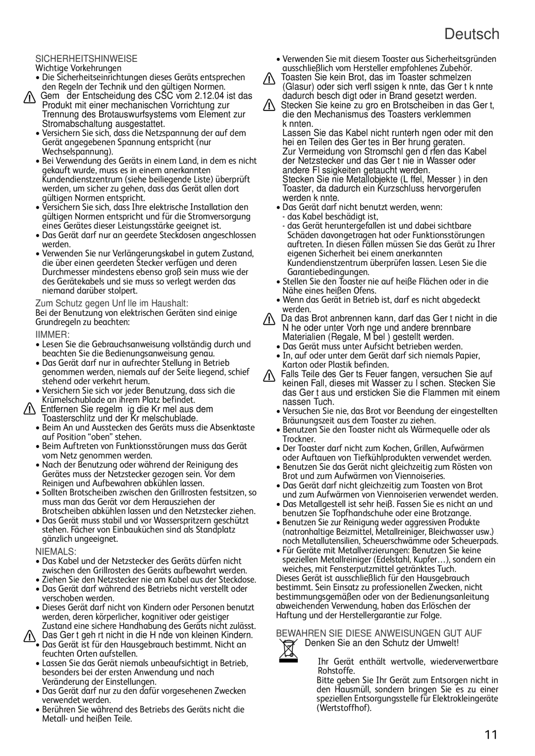 Tefal TL356102, TL356131, TL356132 manual Deutsch, Sicherheitshinweise, Zum Schutz gegen Unfälle im Haushalt, Iimmer, Niemals 