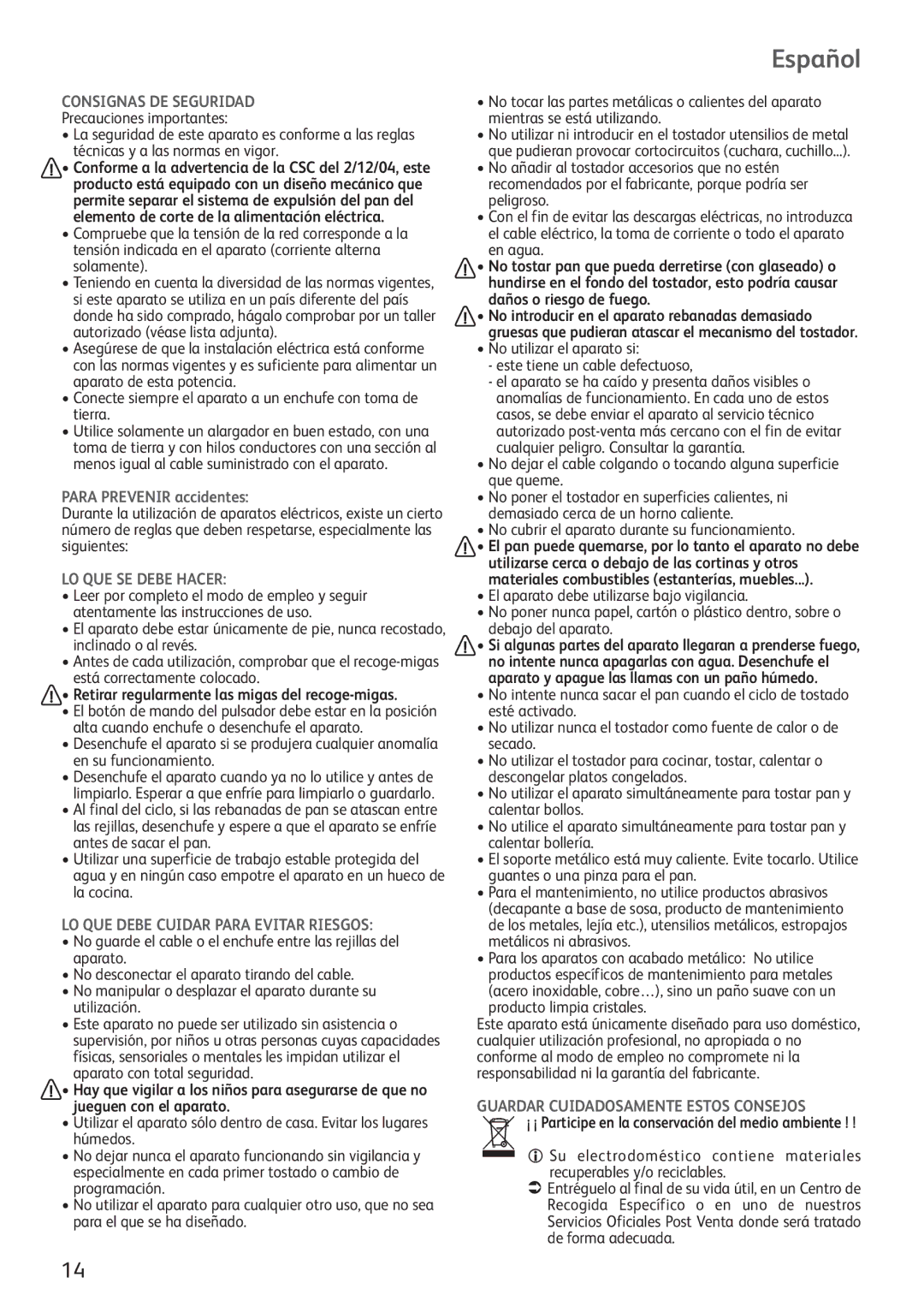 Tefal TL356130, TL356131 Español, Consignas DE Seguridad, LO QUE SE Debe Hacer, LO QUE Debe Cuidar Para Evitar Riesgos 