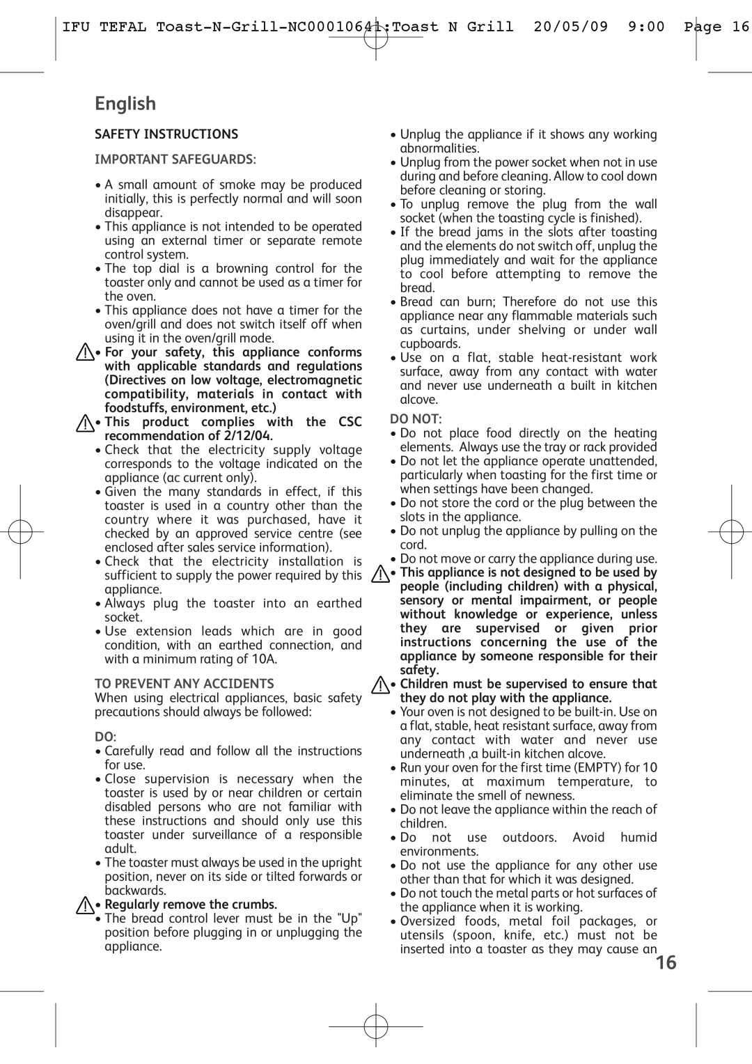 Tefal TL600071, TL600070 manual English, Important Safeguards, To Prevent ANY Accidents, Regularly remove the crumbs, Do not 