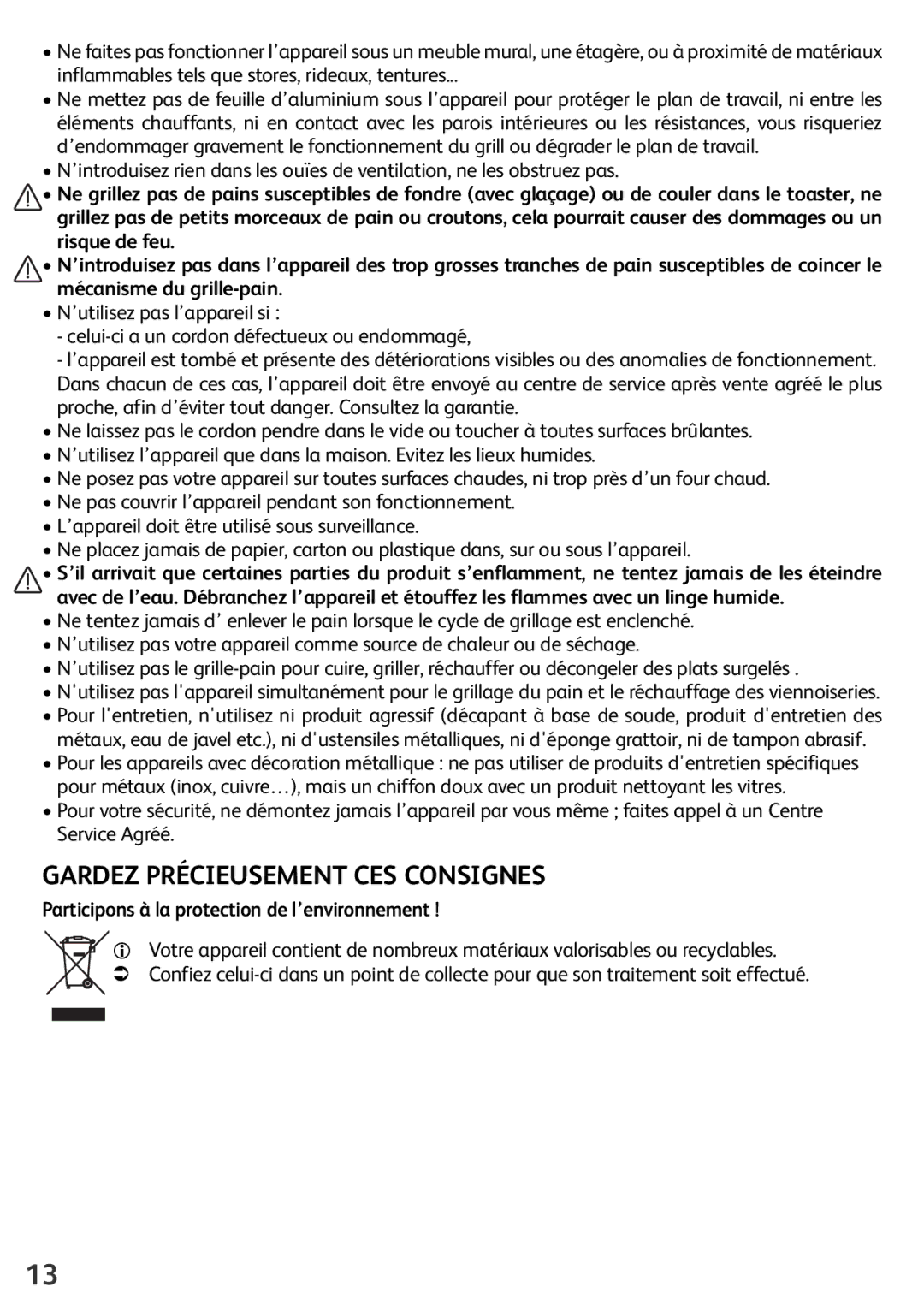 Tefal TL600830 manual Gardez Précieusement CES Consignes, Participons à la protection de l’environnement 