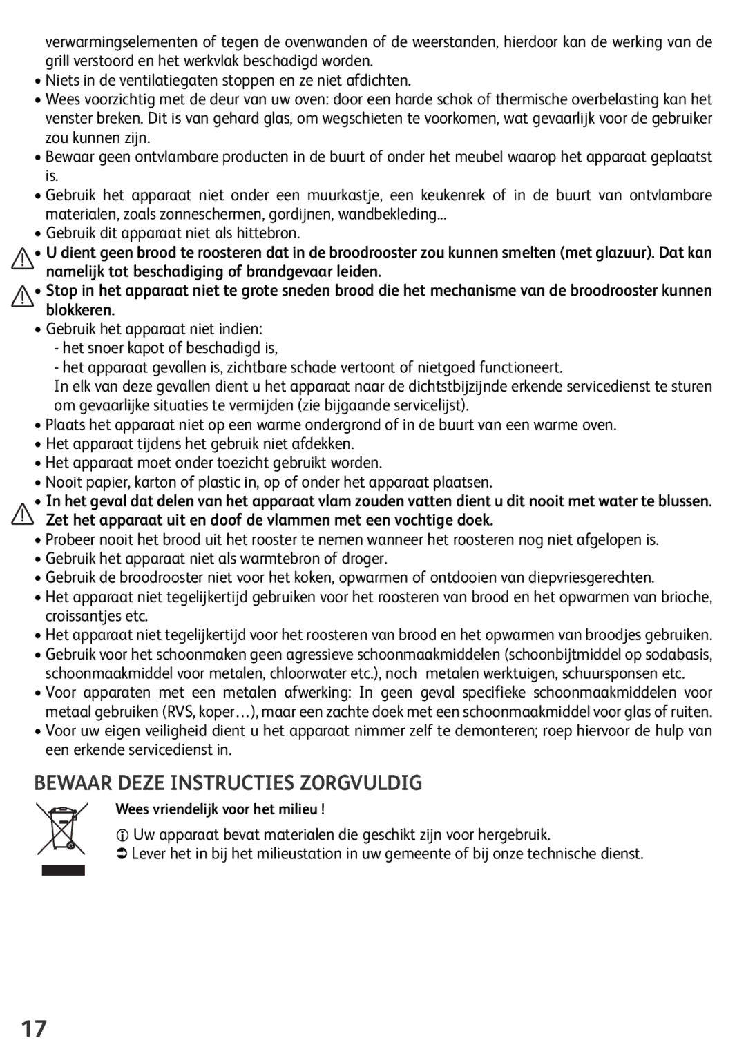 Tefal TL600830 manual Bewaar Deze Instructies Zorgvuldig, Wees vriendelijk voor het milieu 