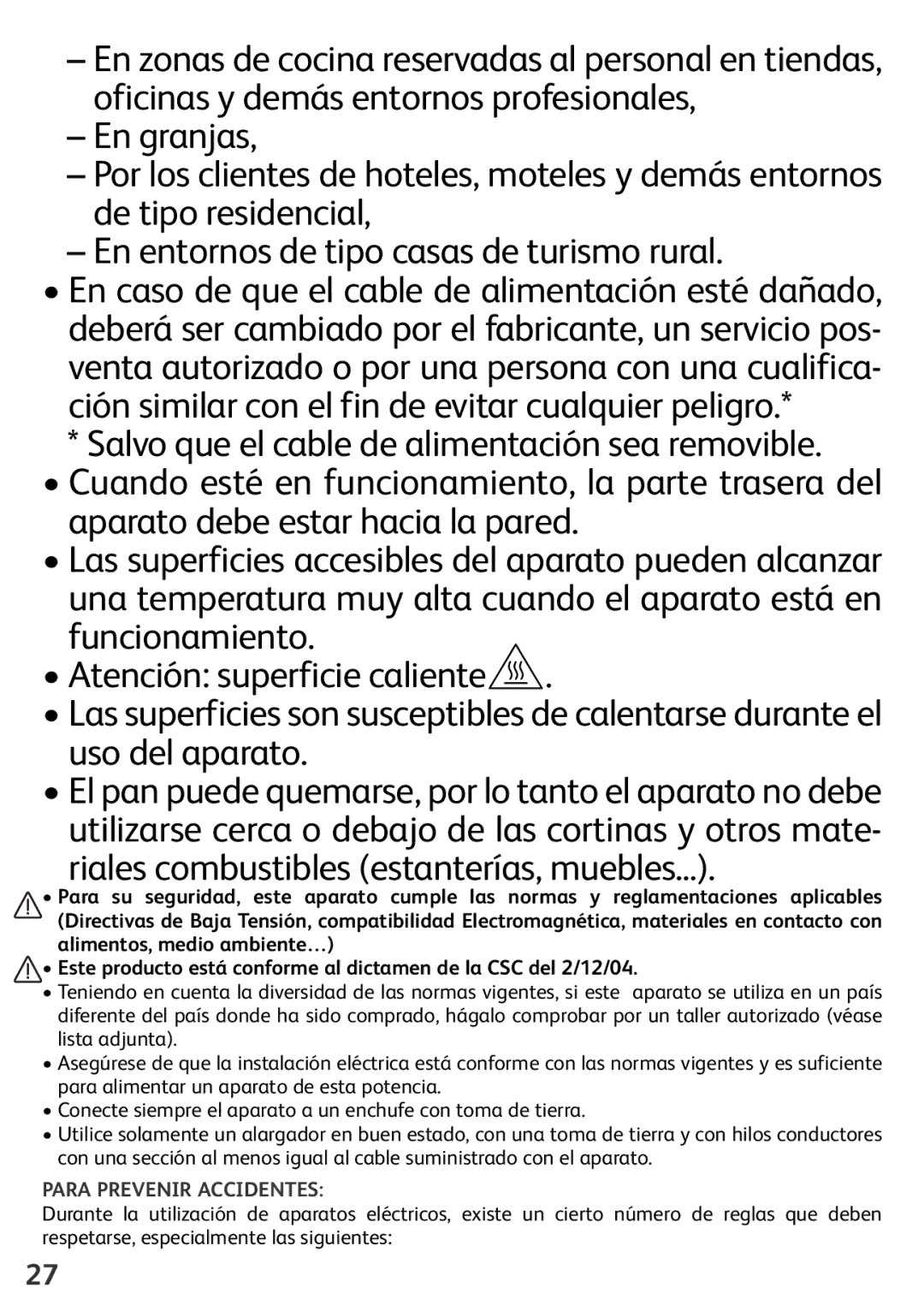 Tefal TL600830 manual Para Prevenir Accidentes 