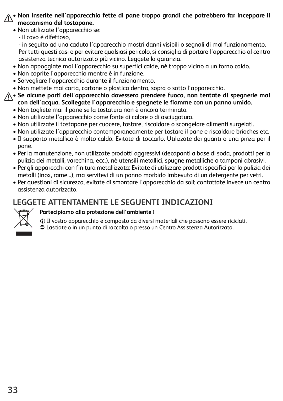 Tefal TL600830 manual Leggete Attentamente LE Seguenti Indicazioni, Partecipiamo alla protezione dell’ambiente 