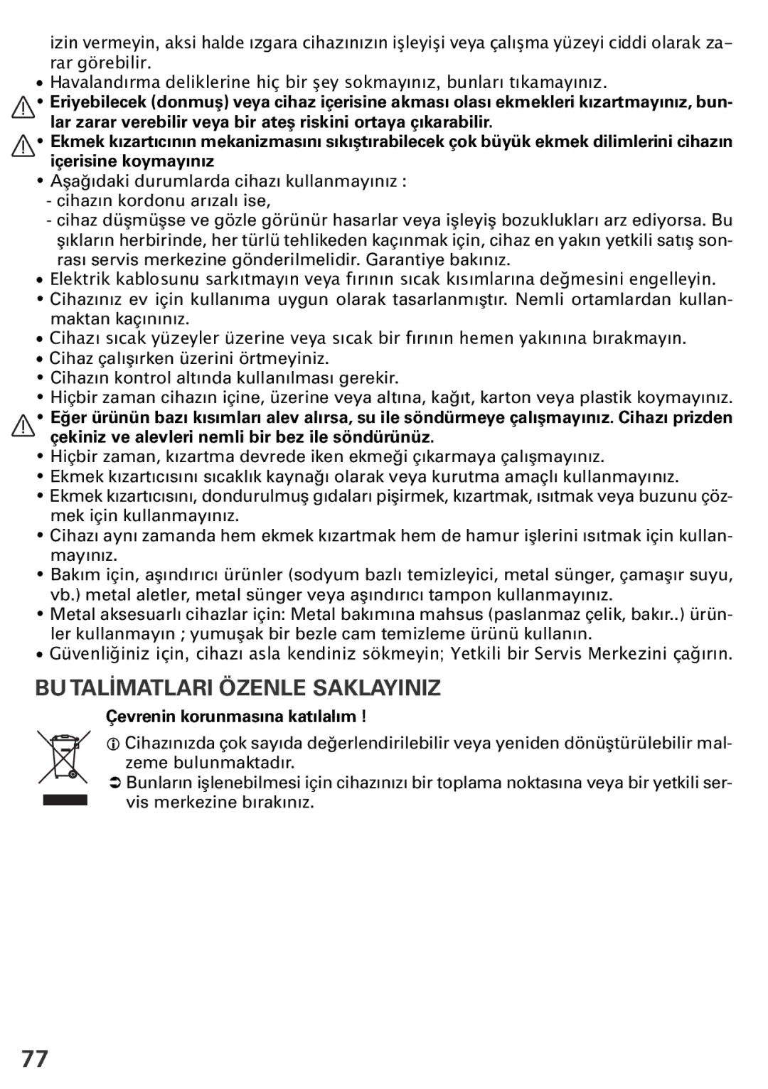 Tefal TL600830 manual BU Talİmatlari Özenle Saklayiniz, Çevrenin korunmasına katılalım 