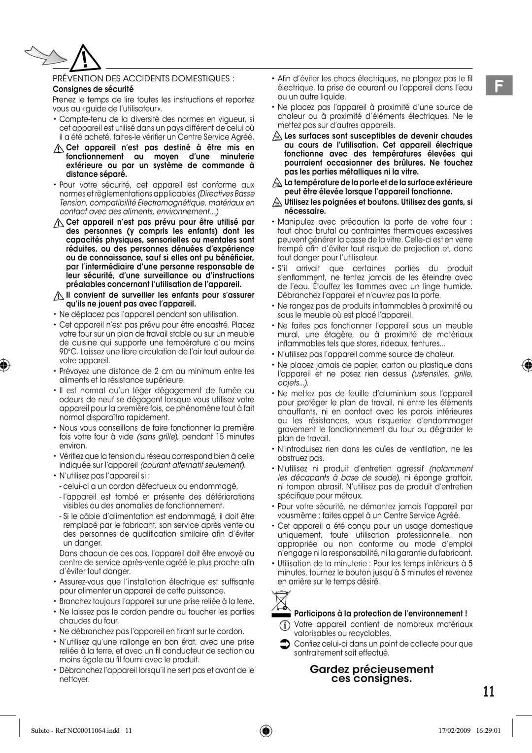 Tefal TO101152, TO101130, TO101153, TO101150 manual Gardez précieusement Ces consignes, Prévention DES Accidents Domestiques 