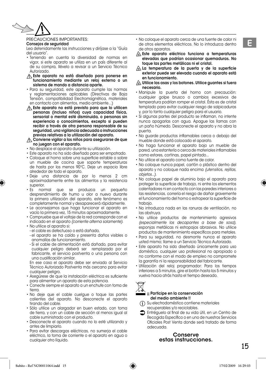 Tefal TO101130, TO101152, TO101153 Conserve Estas instrucciones, Precauciones Importantes, ¡¡ Participe en la conservación 