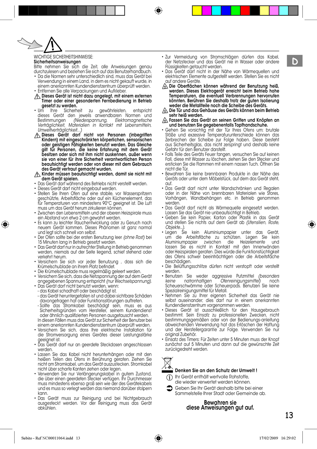 Tefal TO102150, TO102170, TO102171 manual Bewahren sie Diese Anweisungen gut auf, Wichtige Sicherheitshinweise 