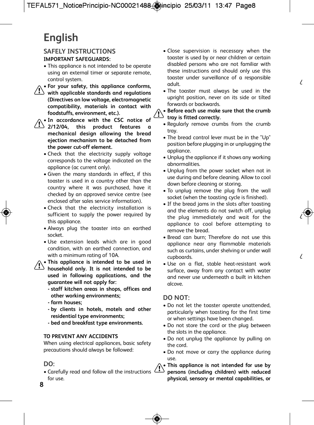 Tefal TT111070, TT111071 manual English 