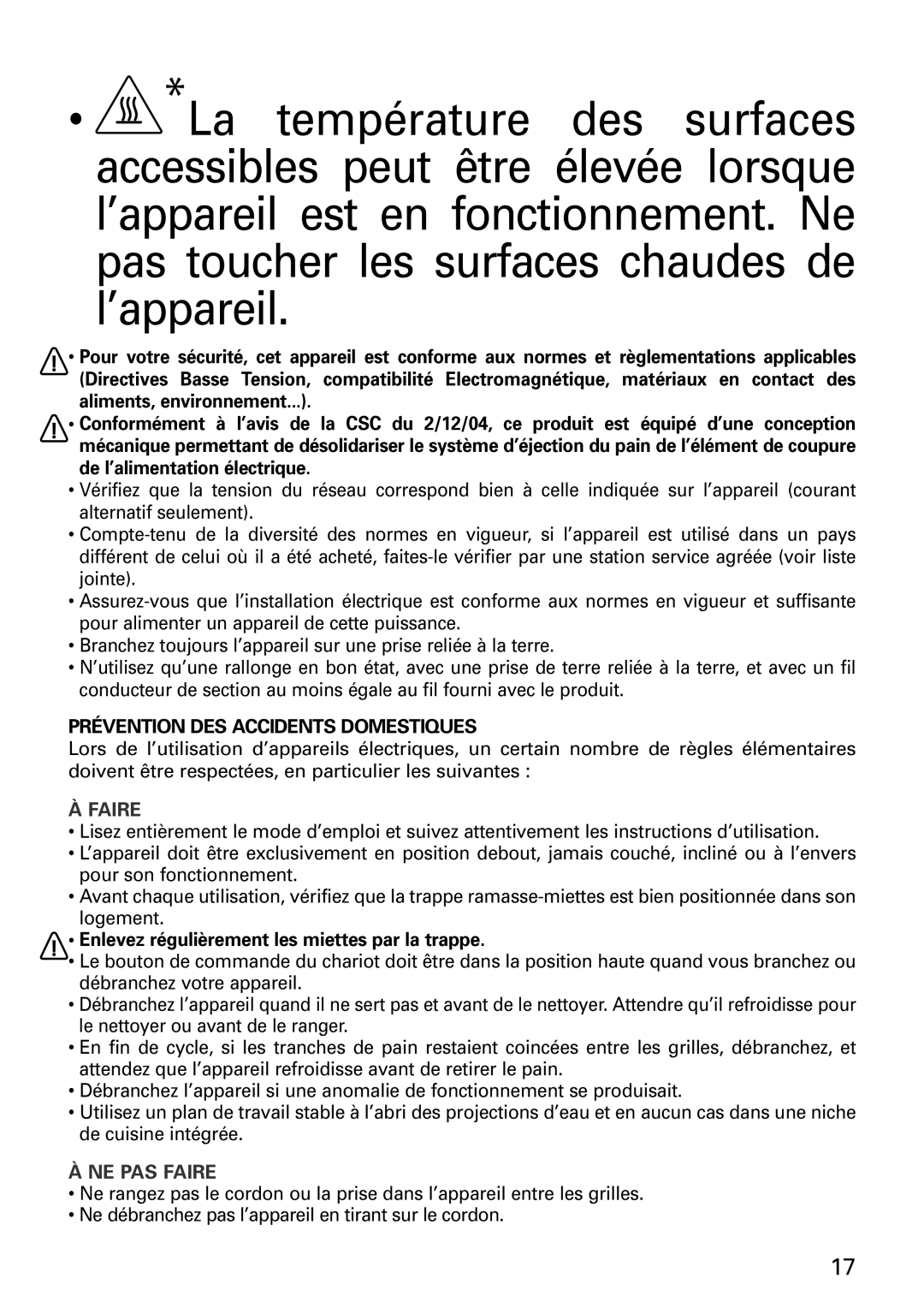 Tefal TT1618DE manual Enlevez régulièrement les miettes par la trappe, NE PAS Faire 