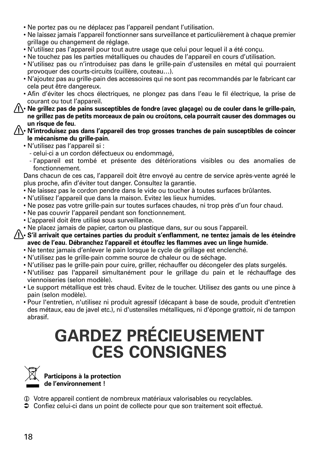 Tefal TT1618DE manual Gardez Précieusement CES Consignes 