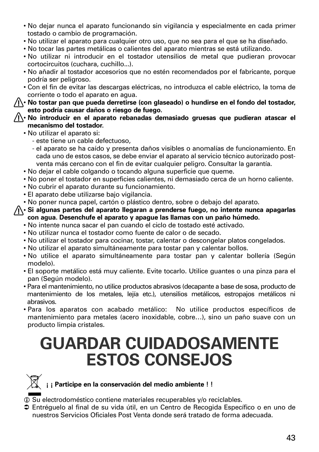 Tefal TT1618DE manual Guardar Cuidadosamente Estos Consejos, ¡ ¡ Participe en la conservación del medio ambiente 