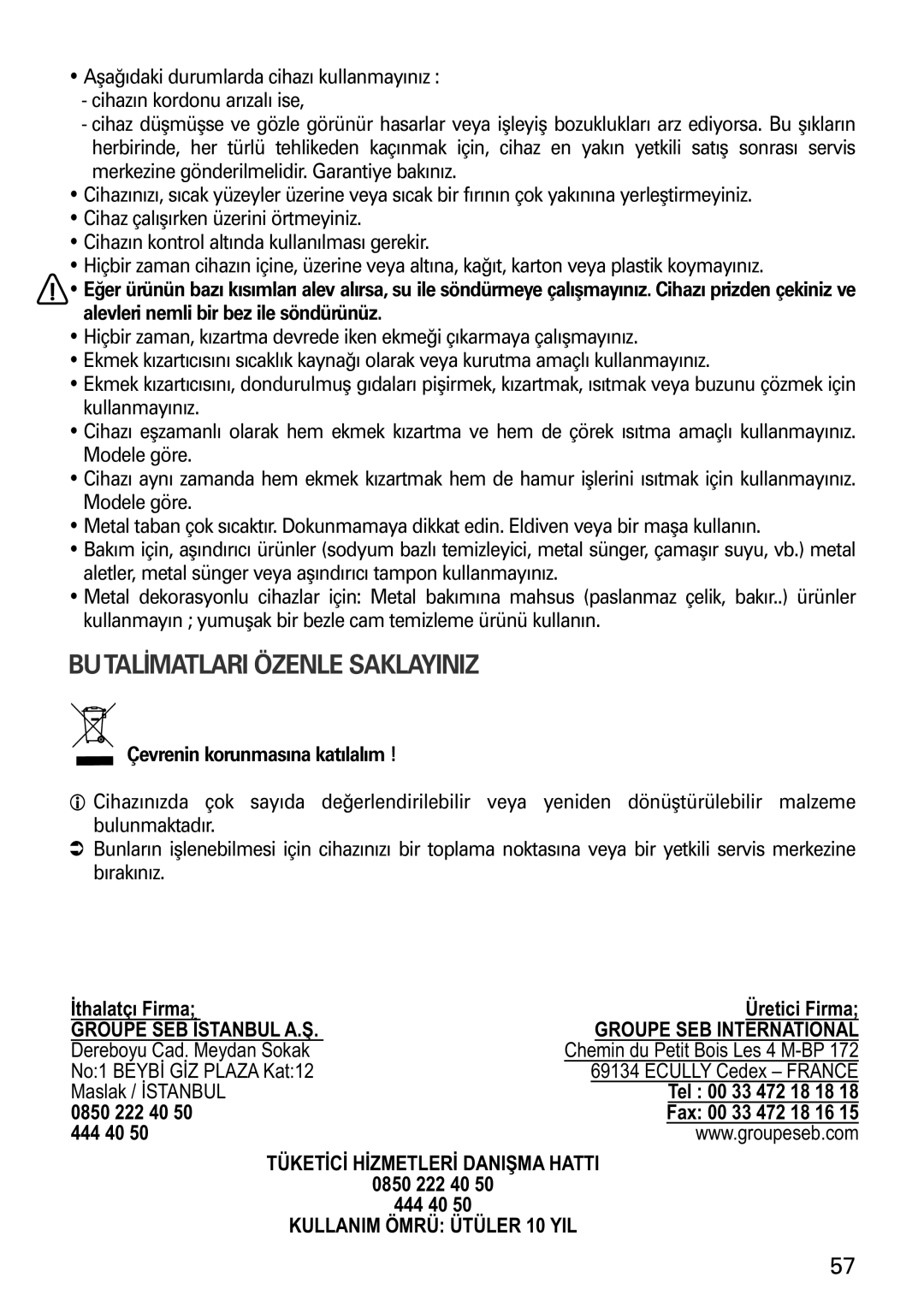 Tefal TT1618DE manual Butalİmatlari Özenle Saklayiniz, Ecully Cedex France 