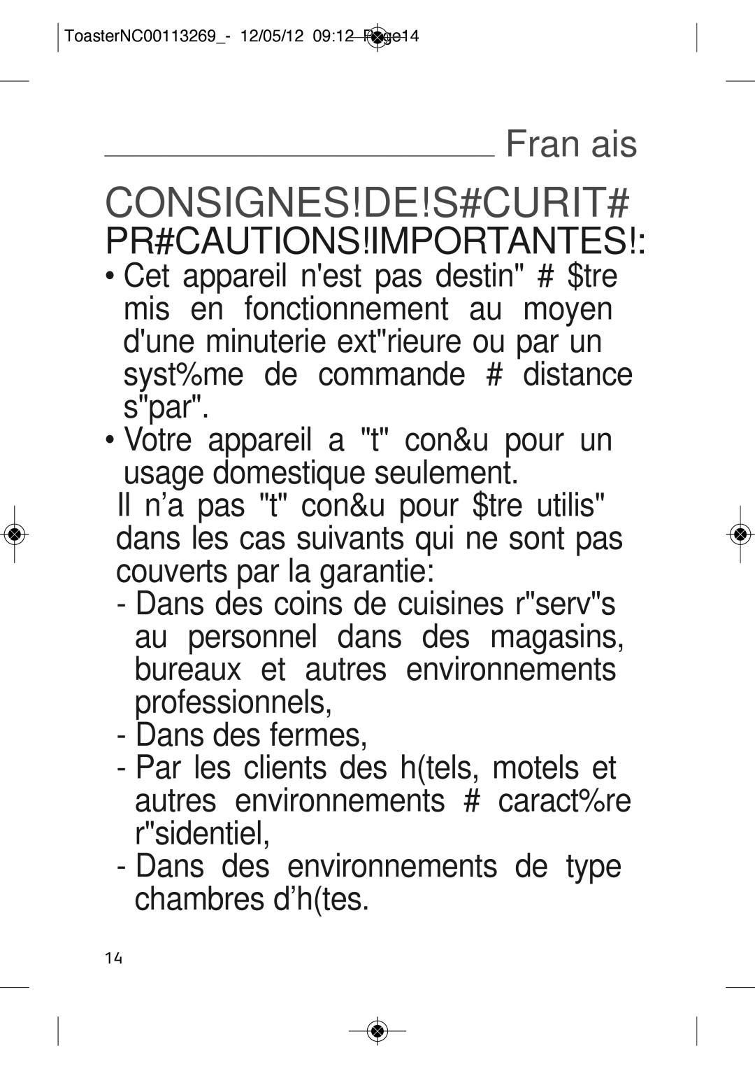 Tefal TT210130, TT210132 manual Consignes DE Sécurité, ToasterNC00113269- 12/05/12 0912 Page14 