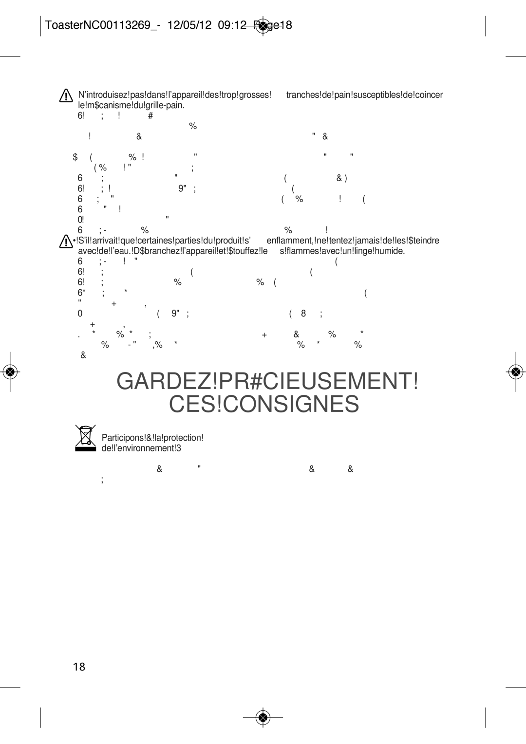 Tefal TT210130, TT210132 manual Gardez Précieusement CES Consignes, ToasterNC00113269- 12/05/12 0912 Page18 