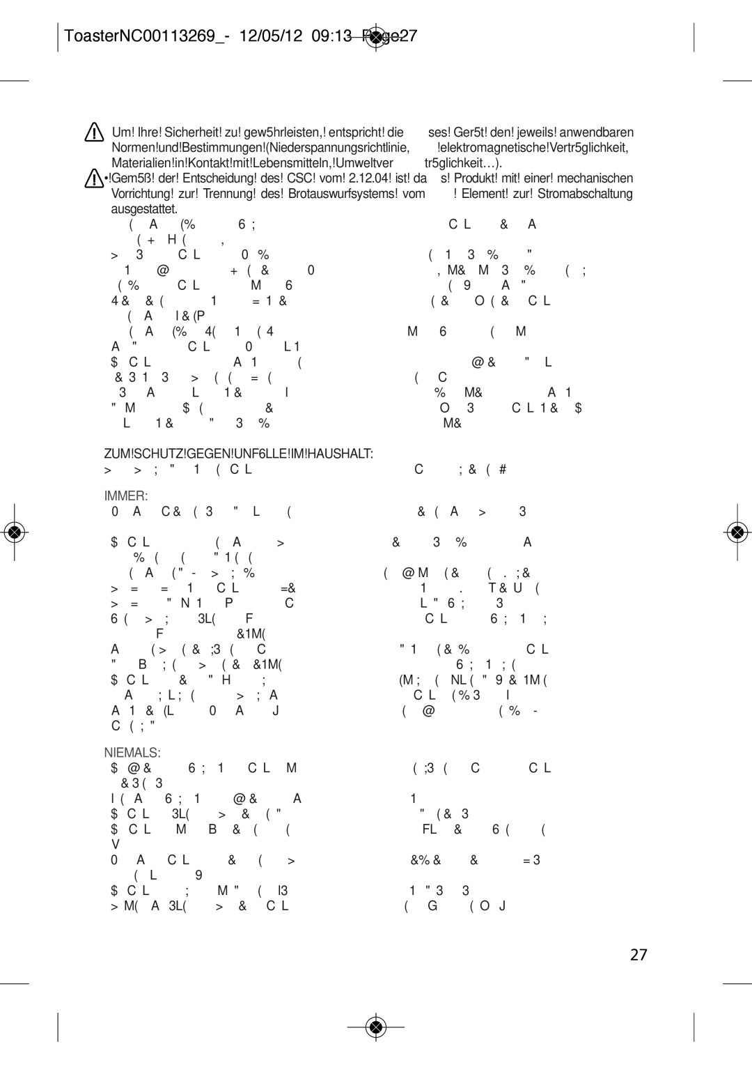 Tefal TT210132, TT210130 manual ToasterNC00113269- 12/05/12 0913 Page27, 1527, Immer, Niemals 