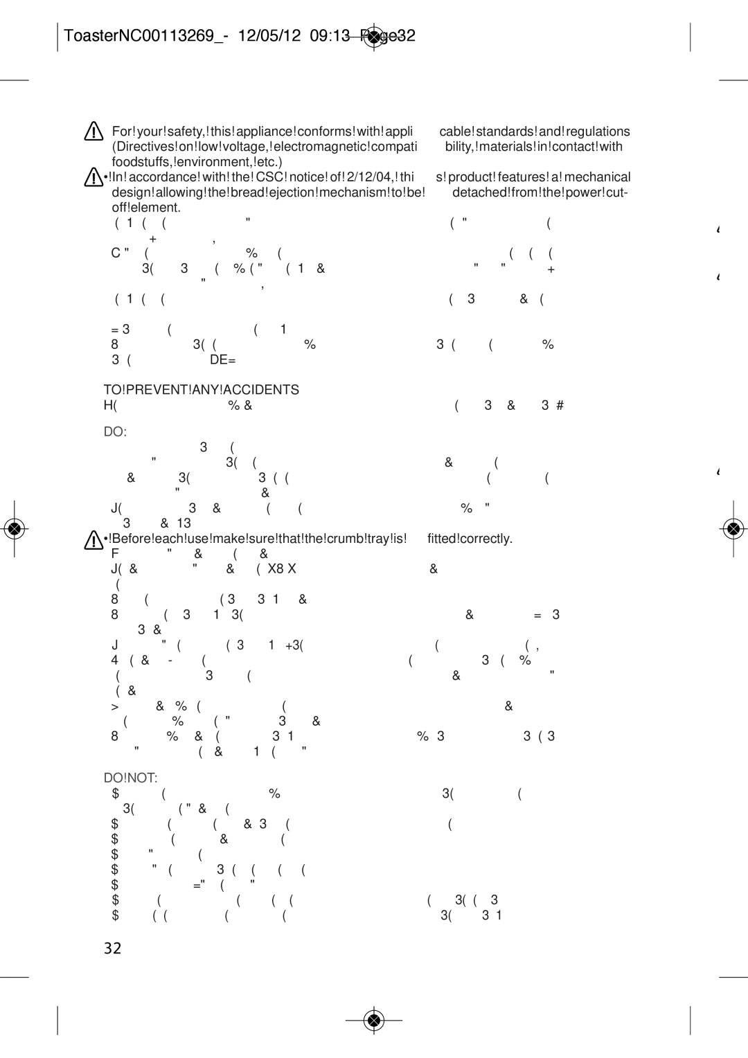 Tefal TT210130, TT210132 manual ToasterNC00113269- 12/05/12 0913 Page32, 2032, Do not 
