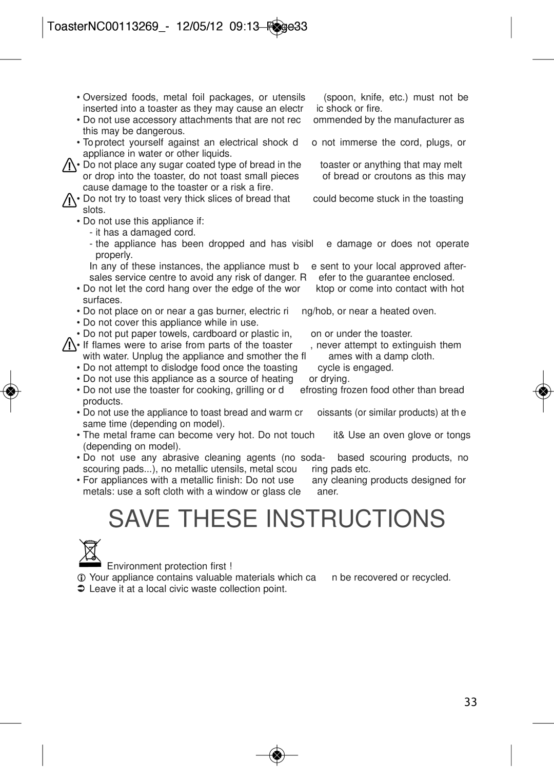 Tefal TT210132, TT210130 manual ToasterNC00113269- 12/05/12 0913 Page33, 2133 