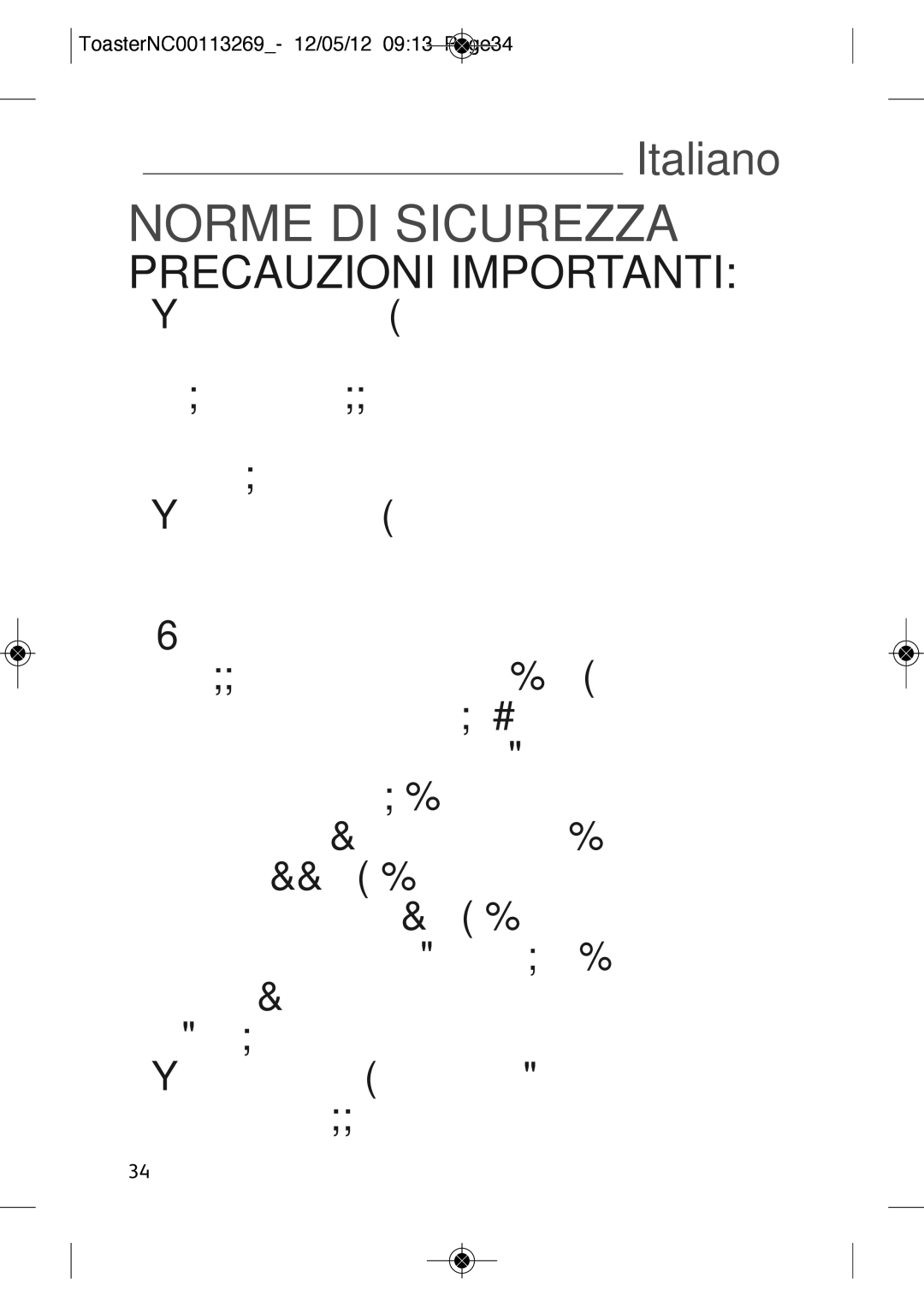 Tefal TT210130, TT210132 manual Norme DI Sicurezza, ToasterNC00113269- 12/05/12 0913 Page34, 2234 