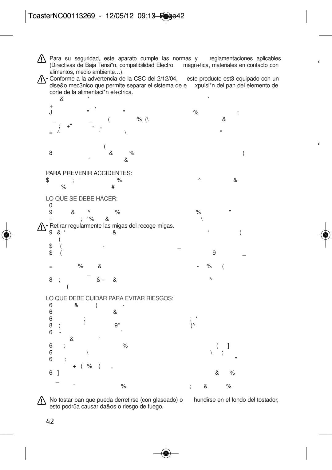 Tefal TT210130 ToasterNC00113269- 12/05/12 0913 Page42, 3042, LO QUE SE Debe Hacer, LO QUE Debe Cuidar Para Evitar Riesgos 