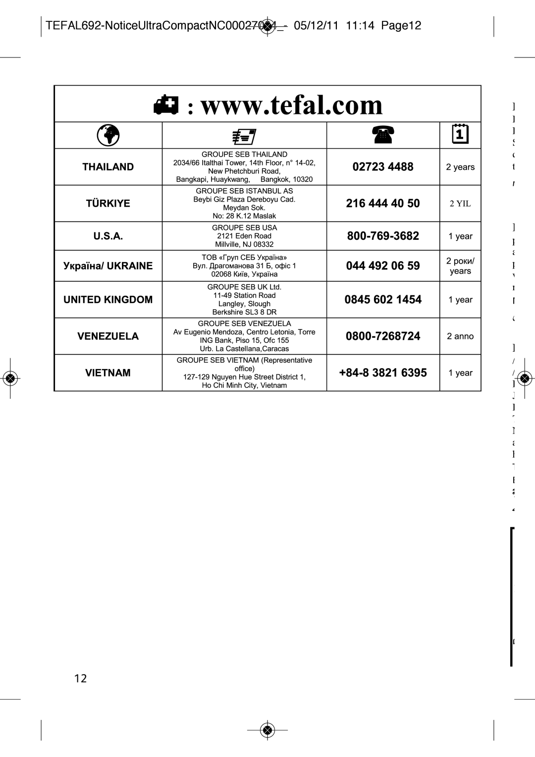 Tefal TT210830, TT2108AU manual TEFAL692-NoticeUltraCompactNC00027004- 05/12/11 1114 Page12 