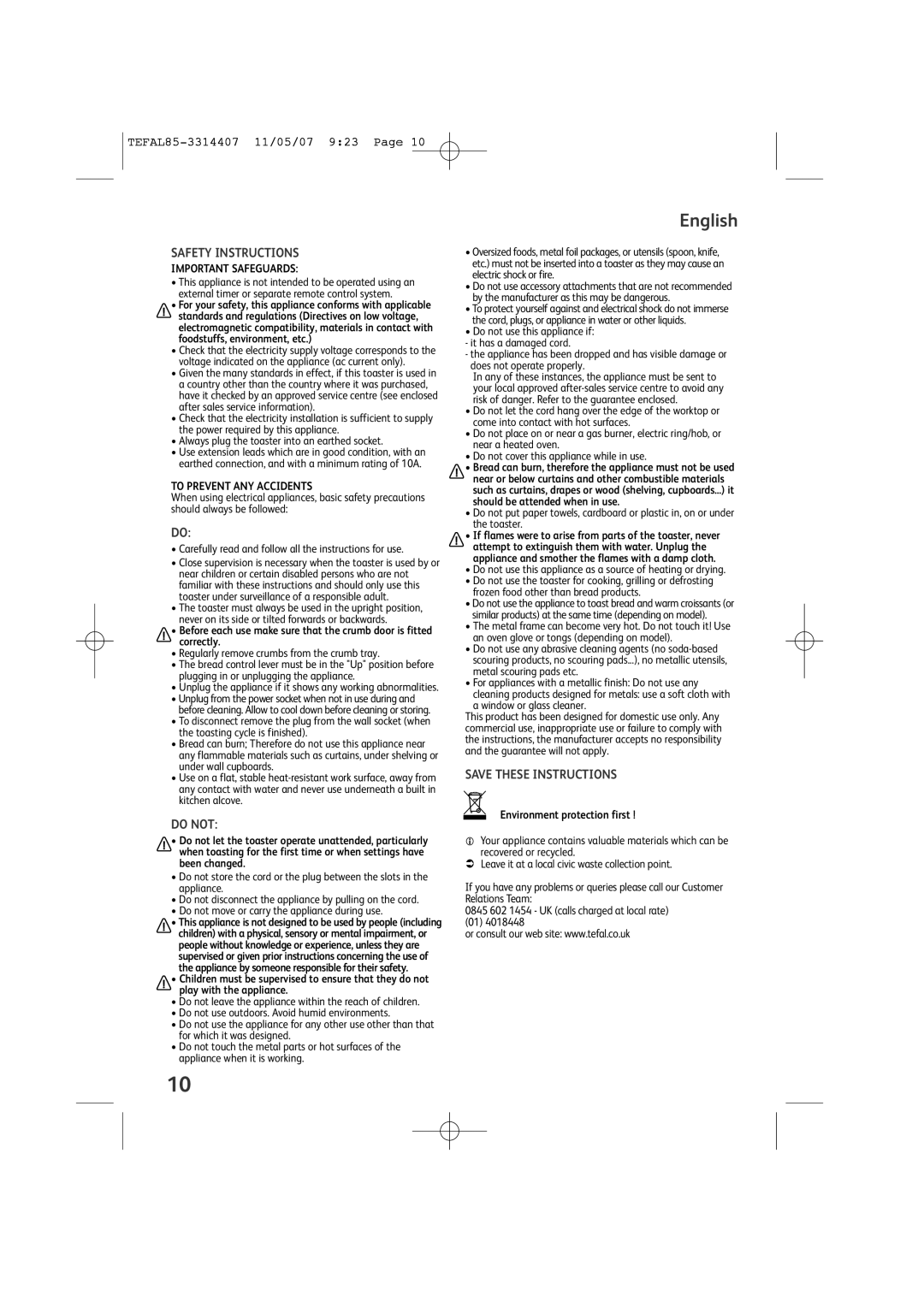 Tefal TT222030 manual English, Safety Instructions, Do not, Important Safeguards, To Prevent ANY Accidents 