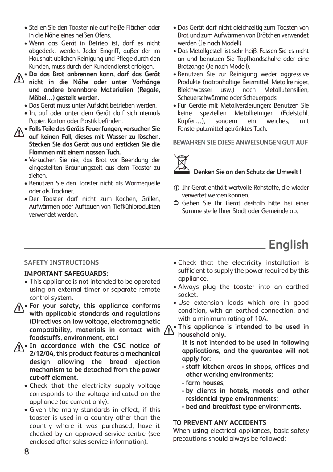 Tefal TT225531, TT225530, TT225515 manual English, Safety Instructions, Important Safeguards, To Prevent ANY Accidents 