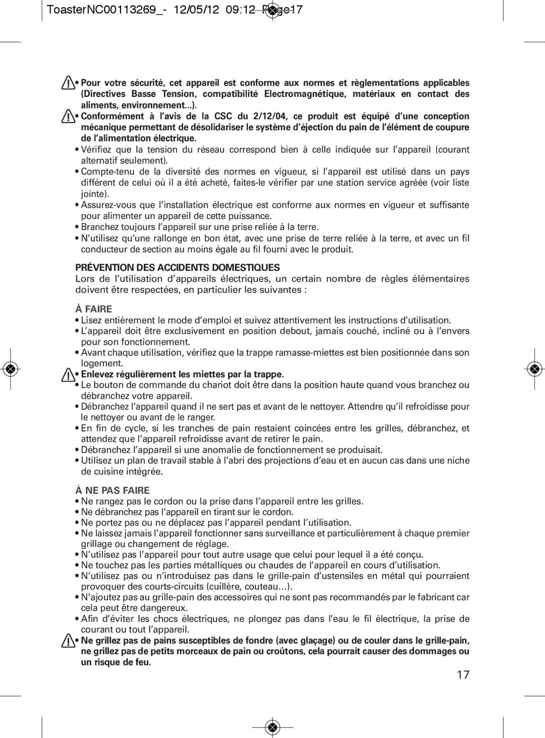 Tefal TT282811 manual ToasterNC00113269- 12/05/12 0912 Page17, Faire, Enlevez régulièrement les miettes par la trappe 