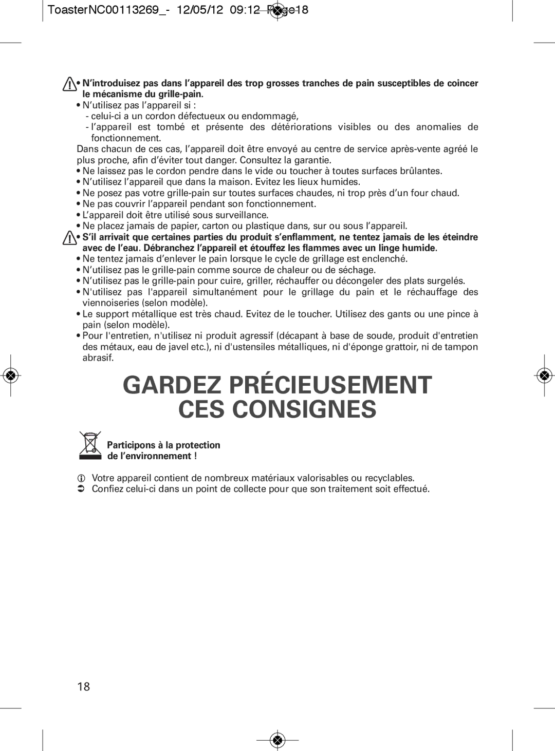 Tefal TT282811 manual Gardez Précieusement CES Consignes, ToasterNC00113269- 12/05/12 0912 Page18 