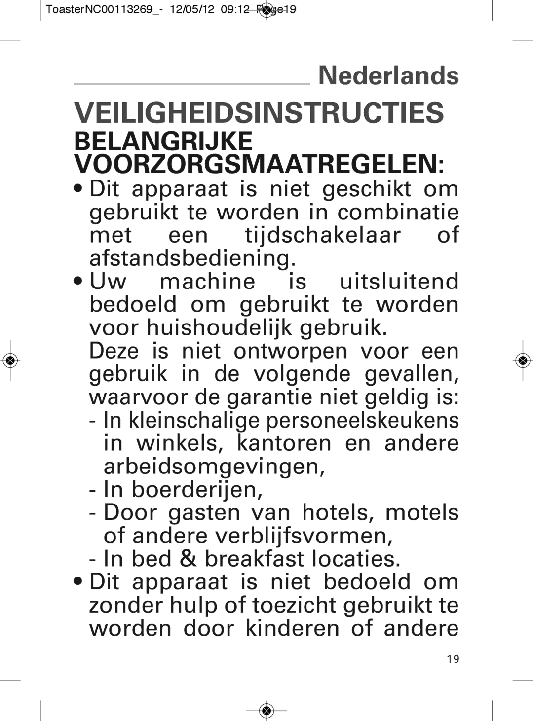 Tefal TT282811 manual Veiligheidsinstructies, ToasterNC00113269- 12/05/12 0912 Page19 