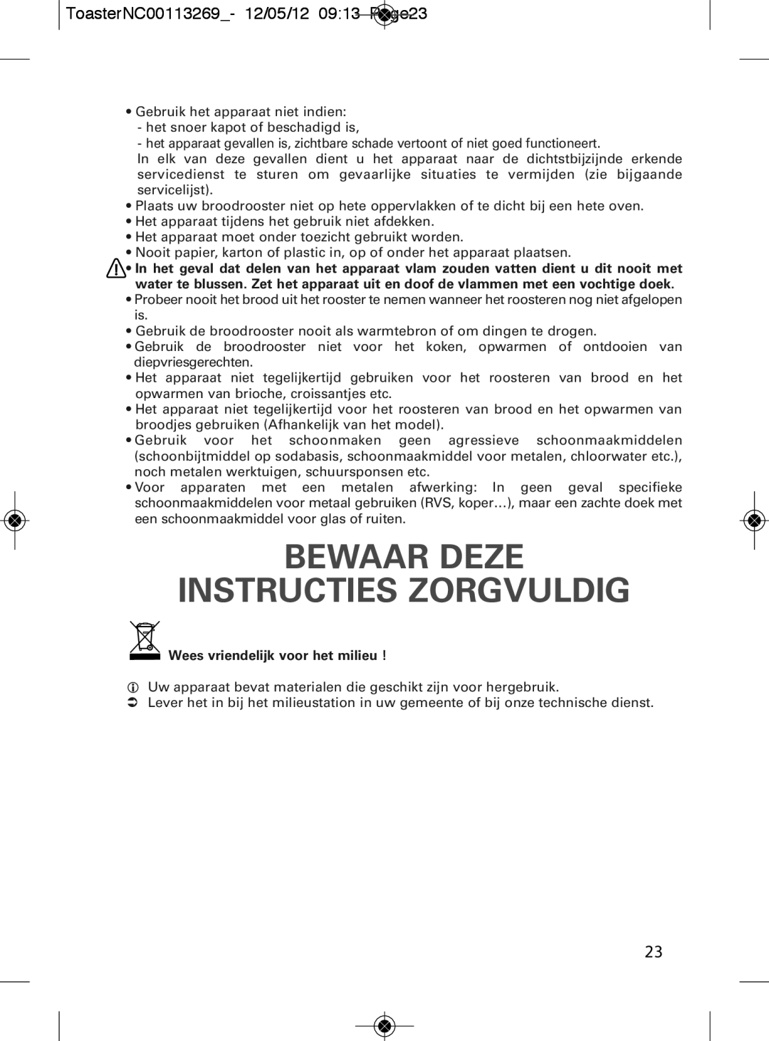 Tefal TT282811 manual Bewaar Deze Instructies Zorgvuldig, ToasterNC00113269- 12/05/12 0913 Page23, 1123 