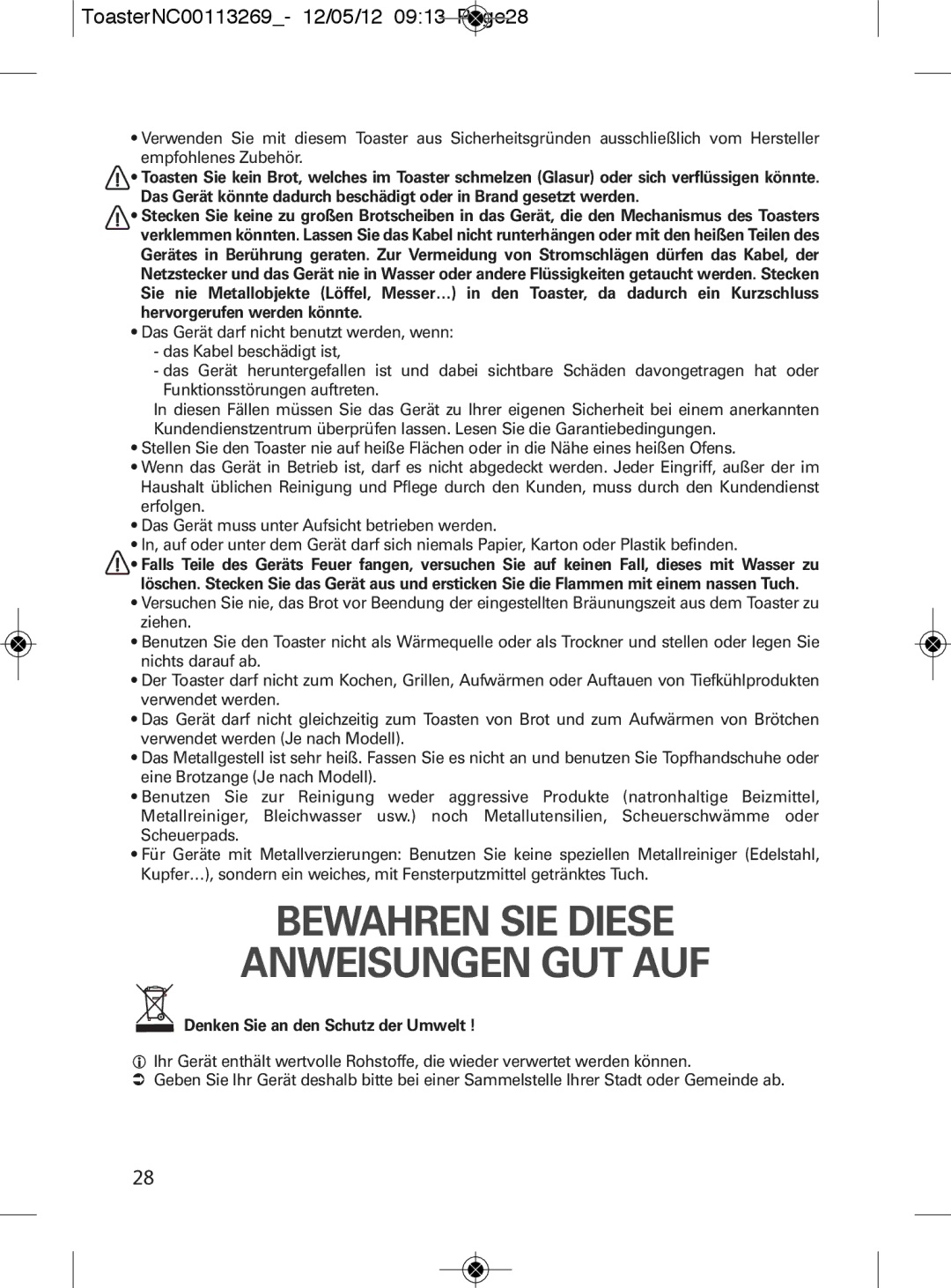 Tefal TT282811 manual Bewahren SIE Diese Anweisungen GUT AUF, ToasterNC00113269- 12/05/12 0913 Page28, 1628 