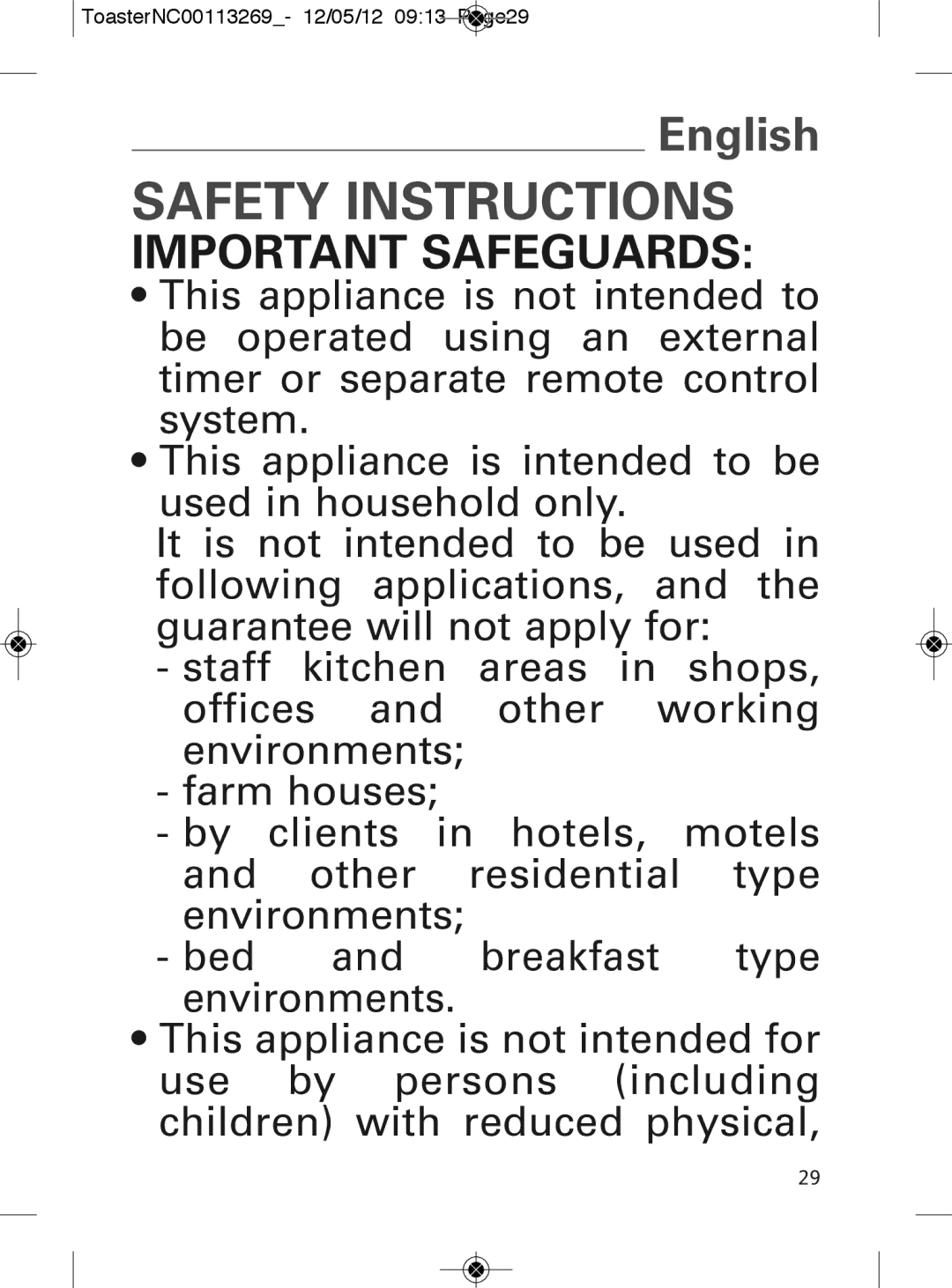 Tefal TT282811 manual Safety Instructions, ToasterNC00113269- 12/05/12 0913 Page29, 1729 