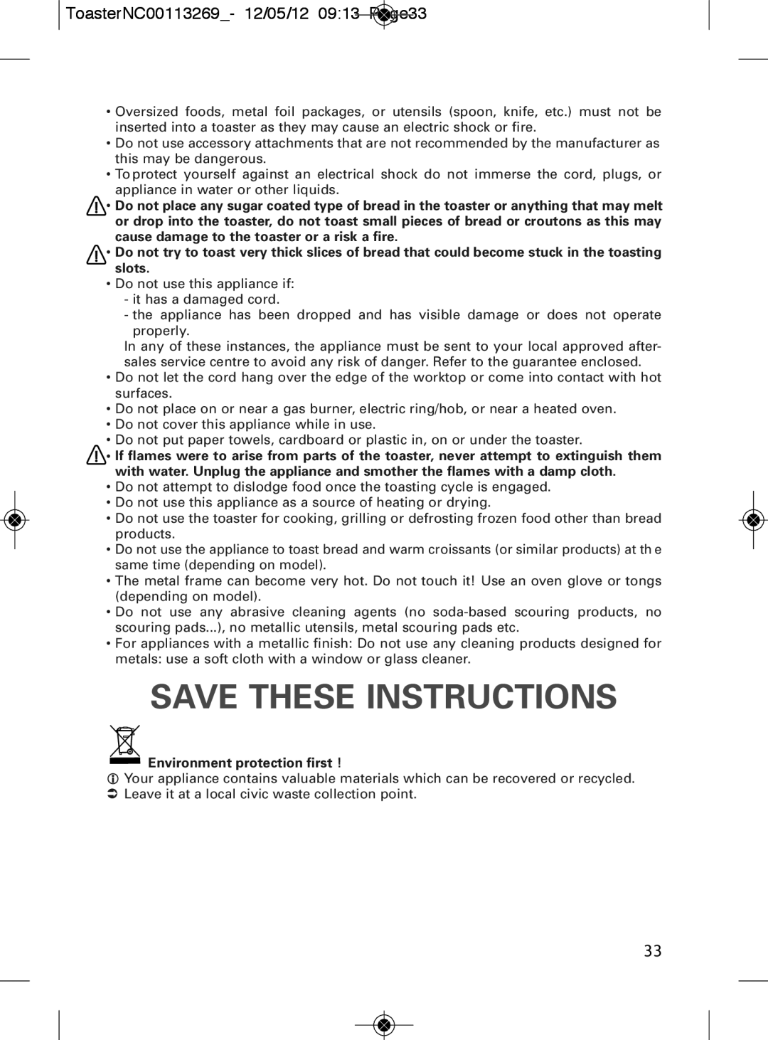 Tefal TT282811 manual ToasterNC00113269- 12/05/12 0913 Page33, 2133, Environment protection first 