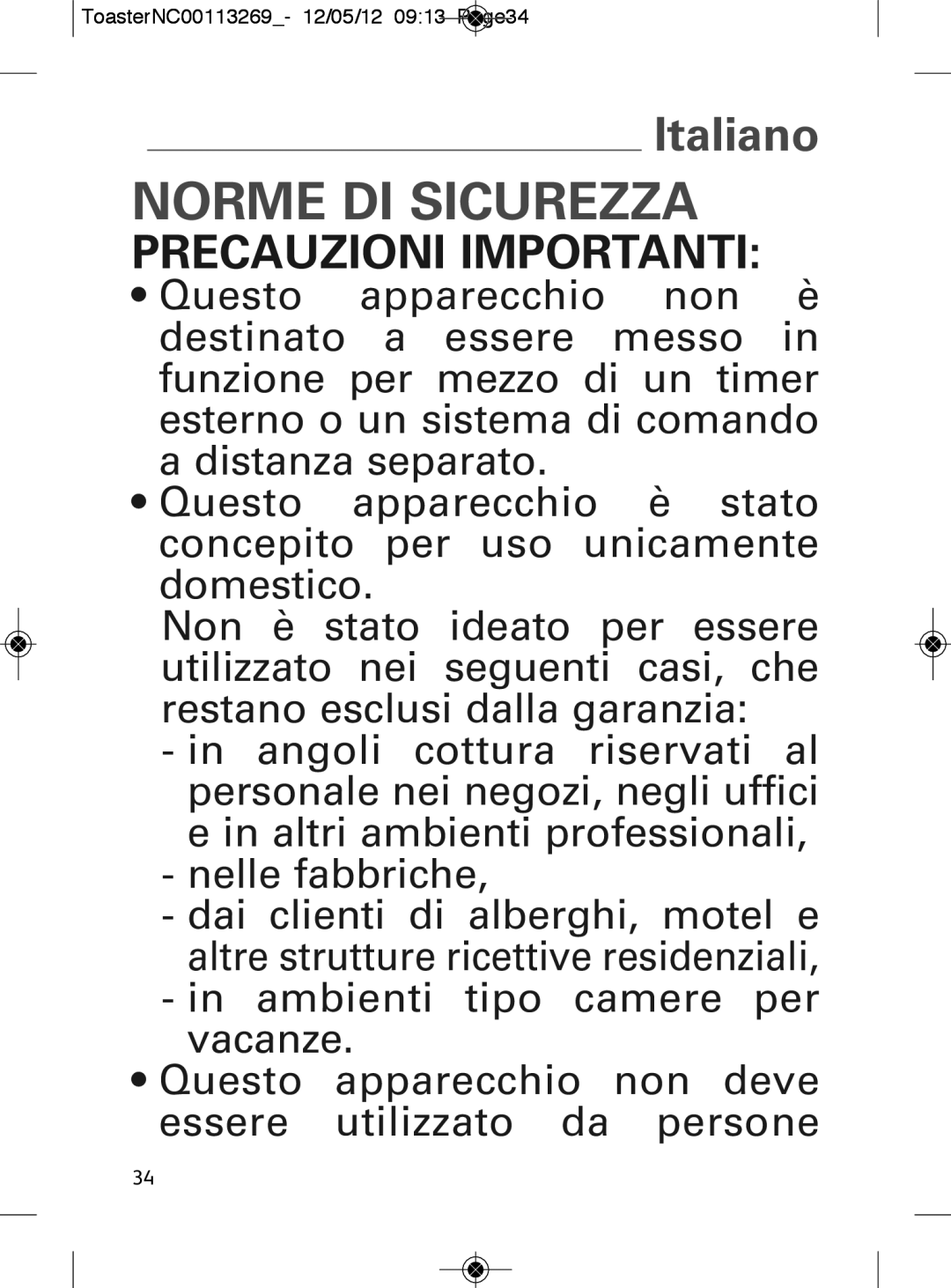 Tefal TT282811 manual Norme DI Sicurezza, ToasterNC00113269- 12/05/12 0913 Page34, 2234 