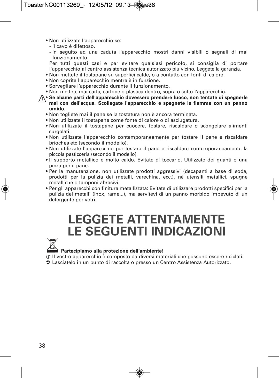 Tefal TT282811 manual Leggete Attentamente LE Seguenti Indicazioni, ToasterNC00113269- 12/05/12 0913 Page38, 2638 