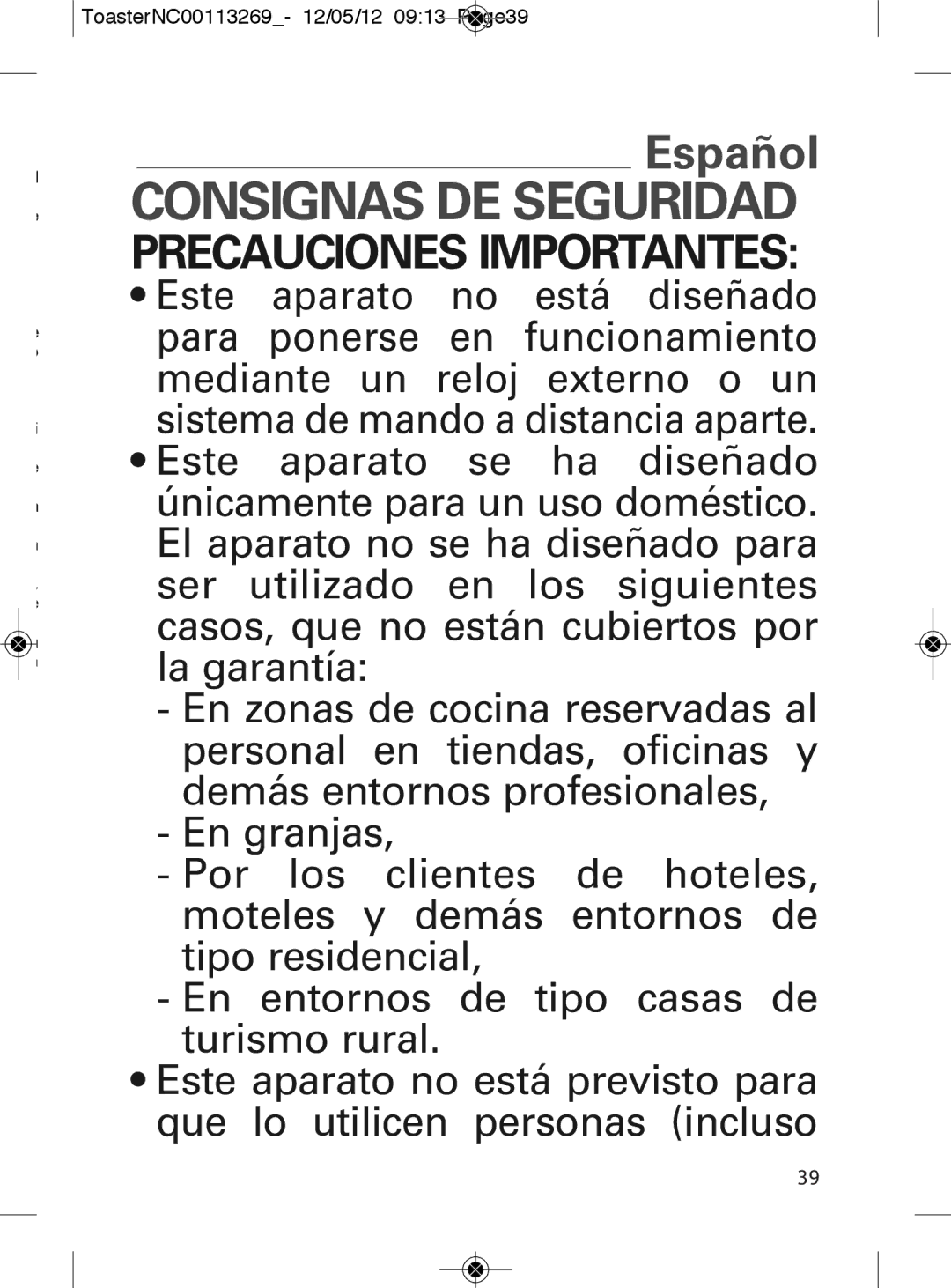 Tefal TT282811 manual Consignas DE Seguridad, ToasterNC00113269- 12/05/12 0913 Page39, 2739 