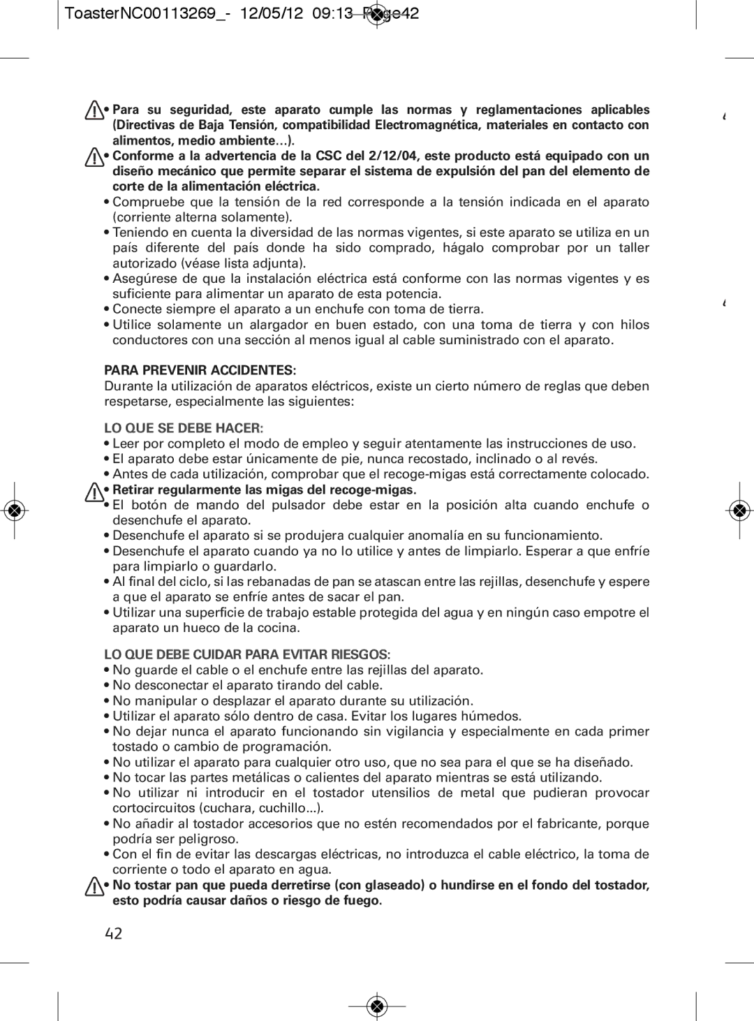 Tefal TT282811 ToasterNC00113269- 12/05/12 0913 Page42, 3042, LO QUE SE Debe Hacer, LO QUE Debe Cuidar Para Evitar Riesgos 