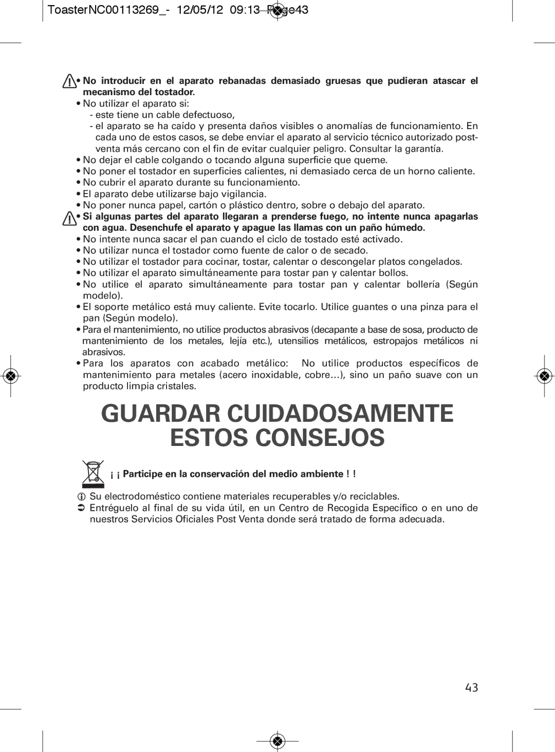 Tefal TT282811 manual Guardar Cuidadosamente Estos Consejos, ToasterNC00113269- 12/05/12 0913 Page43, 3143 